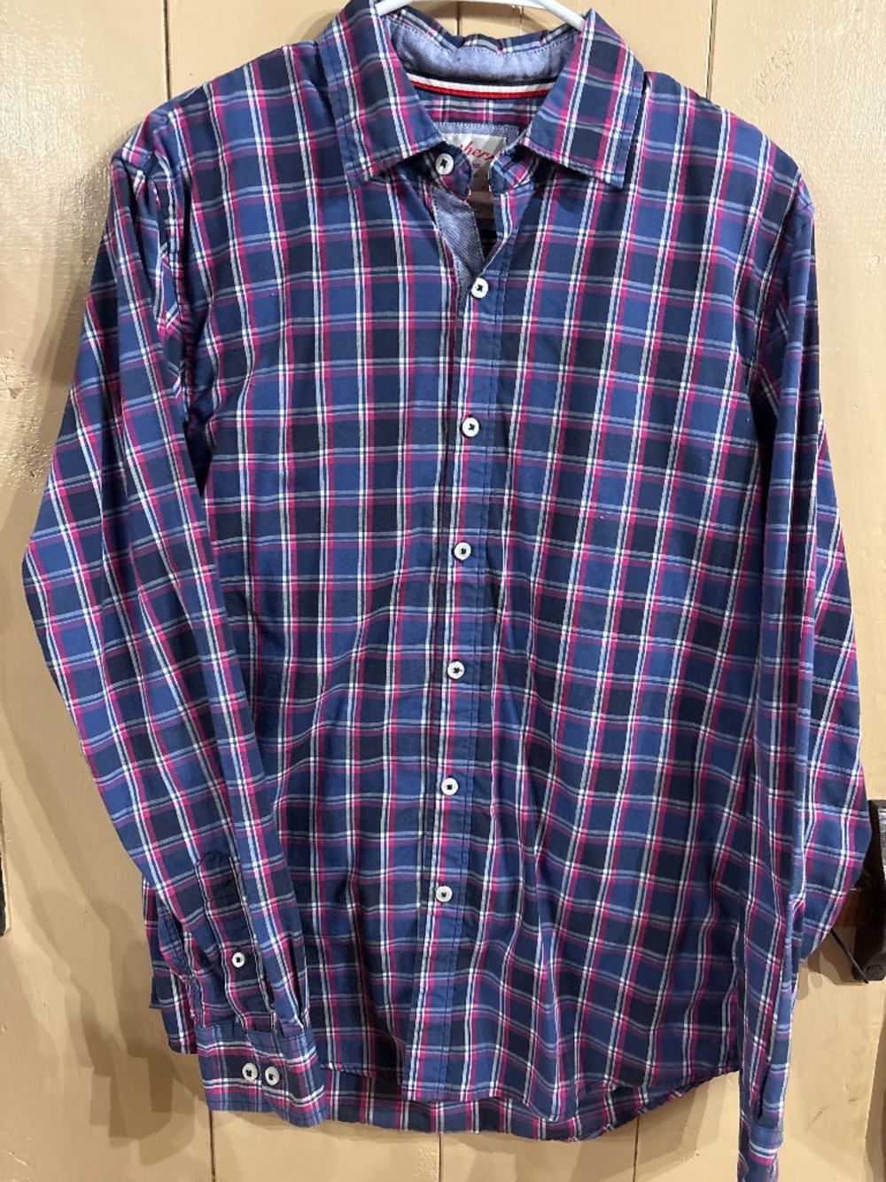 Southern Vintage plaid shirt, pink, blue and white, size medium